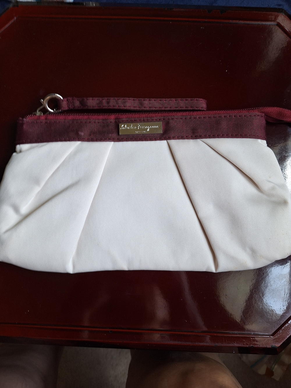 Salvatore Ferragamo White and Burgundy Wristlet Clutch Vintage